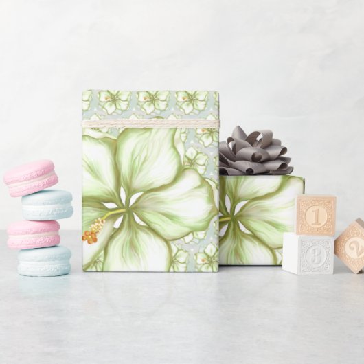 Papier Cadeau Hibiscus & dentelle BLANC (Baby Shower)