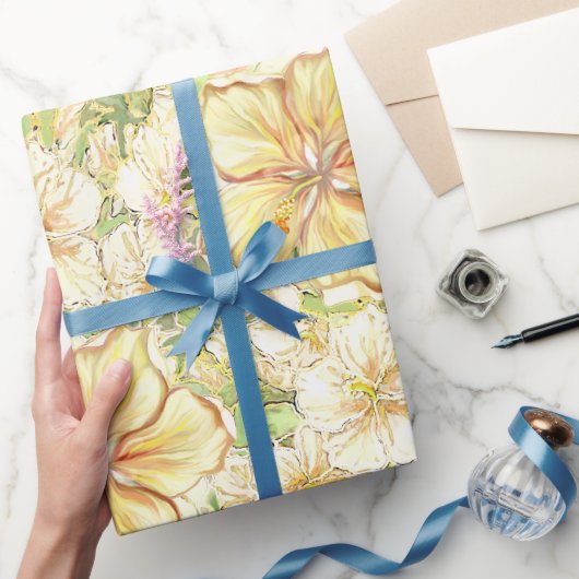 Papier Cadeau Hibiscus & dentelle JAUNE (Cadeaux)