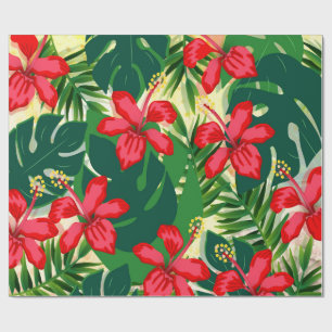 Papier Cadeau Hibiscus Fleurs rouges Tropical Green