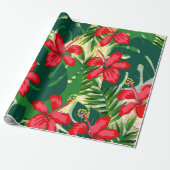 Papier Cadeau Hibiscus Fleurs rouges Tropical Green (Déroulé)