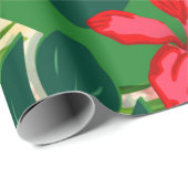Papier Cadeau Hibiscus Fleurs rouges Tropical Green (Coin rond)