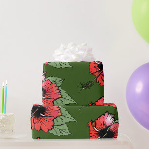 Papier Cadeau Hibiscus rouge tropical avec Feuilles verts
