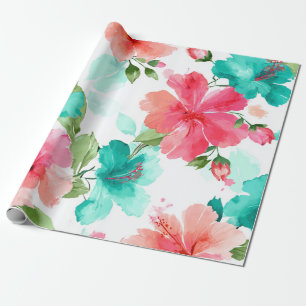 Papier Cadeau Hibiscus Tropical Hawaïen Floral de Plage Coloré 