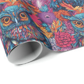 Papier Cadeau Hibou Art Dessin hibou bleu et fleurs roses (Coin rond)