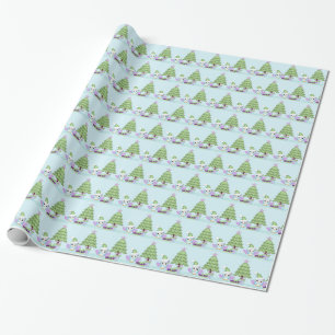 Papier Cadeau Hibou coloré & arbre de Noël avec des cadeaux
