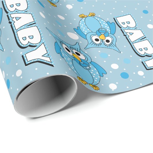 Papier Cadeau Hiboux bleu-clair de point de polka de bébé (Coin rond)