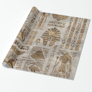 Papier Cadeau Hiéroglyphes et divinités égyptiens - or vintag
