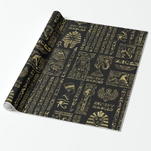 Papier Cadeau Hiéroglyphes et or égyptiens de divinités sur l