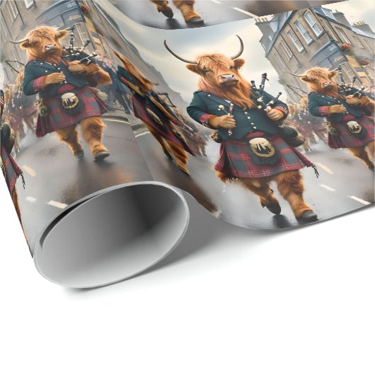 Papier Cadeau Highland Harmony : Bagpipe Highland Cow Band (Coin rond)