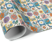Papier Cadeau Hippie Folk Art Patchwork Floral Avec Oiseaux (Coin rond)