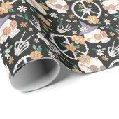 Papier Cadeau Hippie Halloween Skulls et Fleurs Motif (Coin rond)