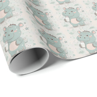 Papier Cadeau Hippo Bébé mignon Pastel Motif d'aquarelle