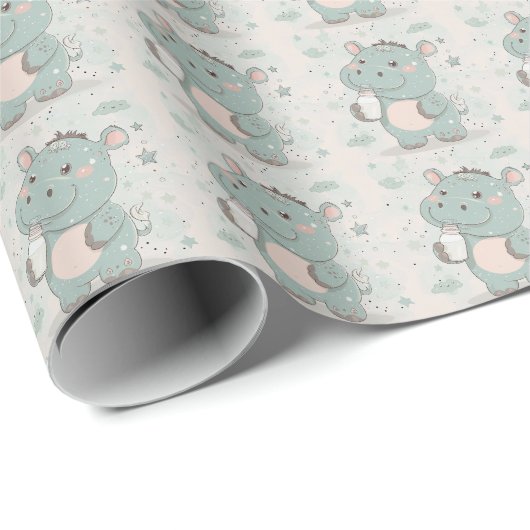 Papier Cadeau Hippo Bébé mignon Pastel Motif d'aquarelle (Coin rond)