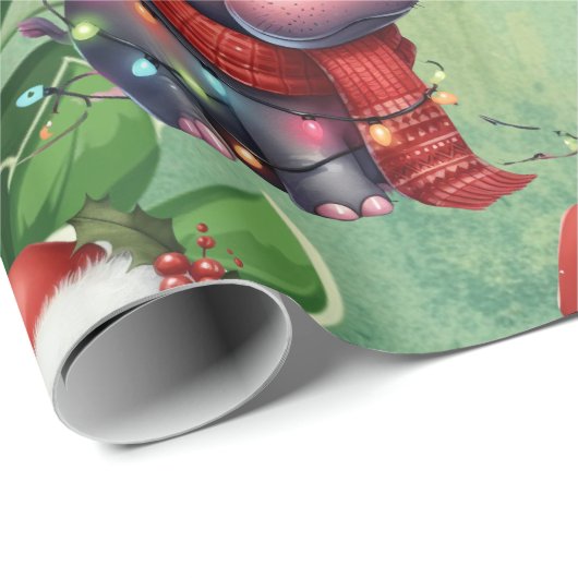 Papier Cadeau Hippo Thème de Noël pour Amoureux des animaux (Coin rond)