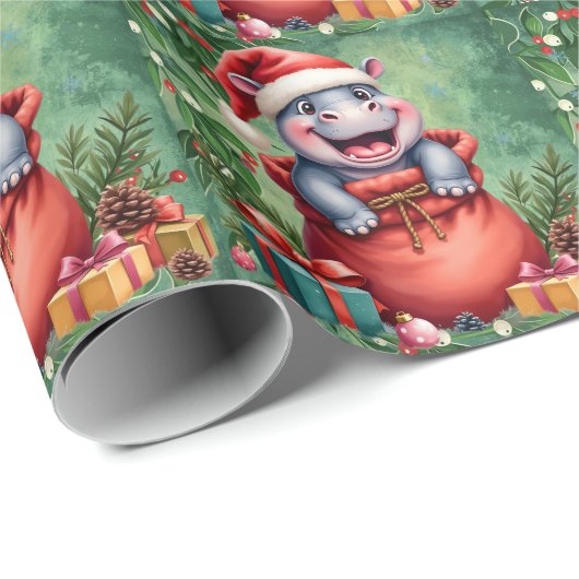 Papier Cadeau Hippo Thème de Noël pour Amoureux des animaux (Coin rond)