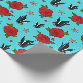 Papier Cadeau Hirondelles de tatouage et Roses Rockabilly Annive (Coin)