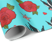 Papier Cadeau Hirondelles de tatouage et Roses Rockabilly Annive (Coin rond)