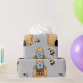 Papier Cadeau Hive d'abeille au miel avec fleurs bleues et abeil