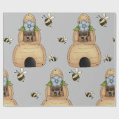 Papier Cadeau Hive d'abeille au miel avec fleurs bleues et abeil (Plat)