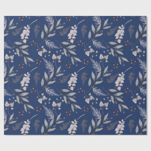 Papier Cadeau Hiver Bleu Feuille Berries Pine Festin Aquarelle (Plat)