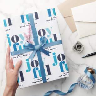 Papier Cadeau Hiver Bleu "Joyeux" Fête Personnalisée
