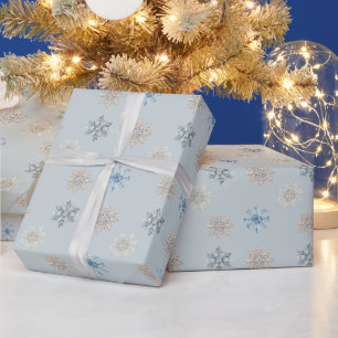 Papier Cadeau Hiver Chic Flocons de Neige Bleu Blanc Crème Noël