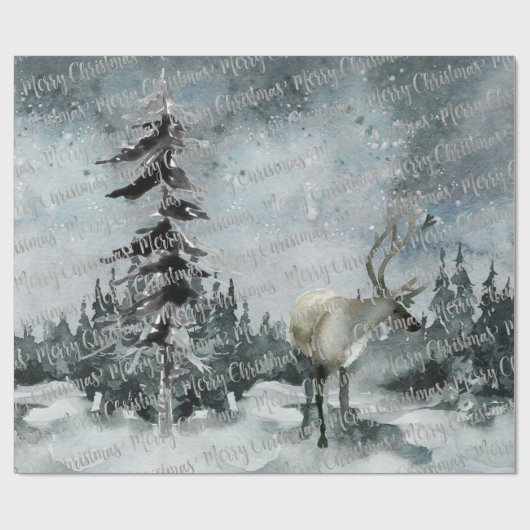 Papier Cadeau Hiver Forêt forestière Cerf Joyeux Noël (Plat)