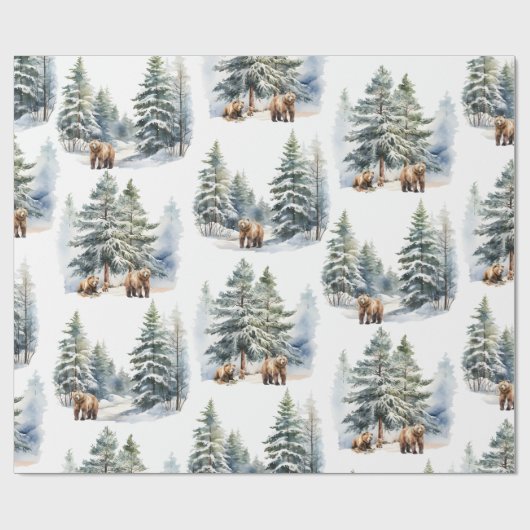 Papier Cadeau Hiver Forêt forestière Grizzli Ours Famille Vacanc (Plat)