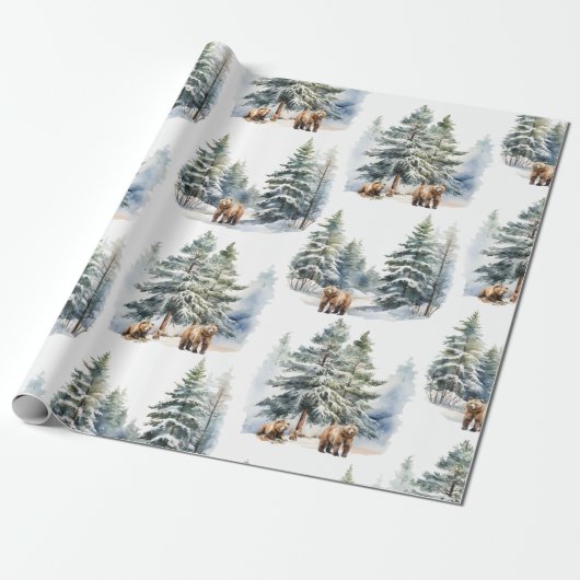Papier Cadeau Hiver Forêt forestière Grizzli Ours Famille Vacanc (Déroulé)