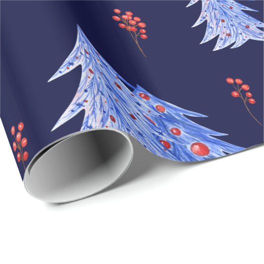 Papier Cadeau Hiver Ice Bleu Arbres Holly Berries Noël de la Mar (Coin rond)