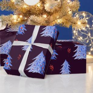 Papier Cadeau Hiver Ice Bleu Arbres Holly Berries Plum Noël