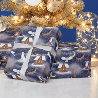 Papier Cadeau Hiver Nuit Forêt Animaux Nature Noël