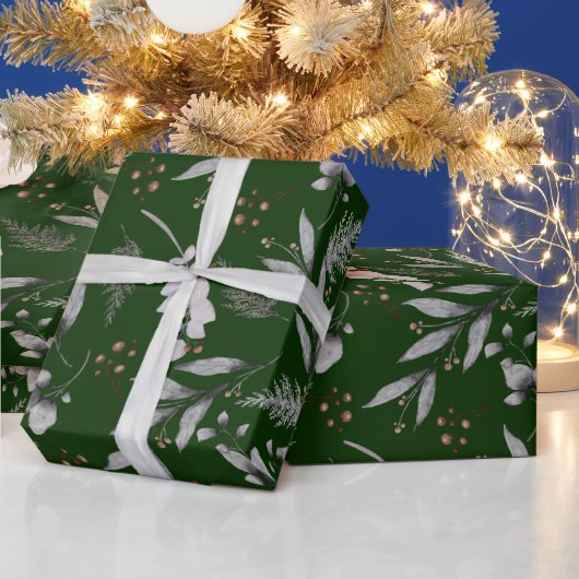 Papier Cadeau Hiver Vert Feuilles Berries Pine Aquarelle (Vacances)