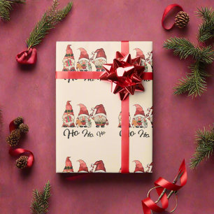 Papier Cadeau Ho Ho Ho ! Gnomes nordiques mignons Noël Rouge et