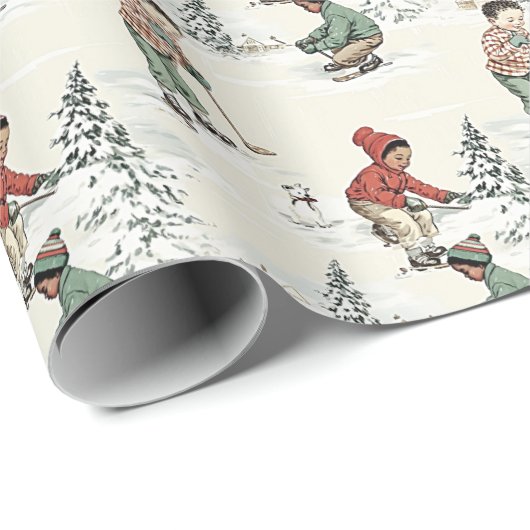 Papier Cadeau Hockey d'hiver nostalgique (Coin rond)