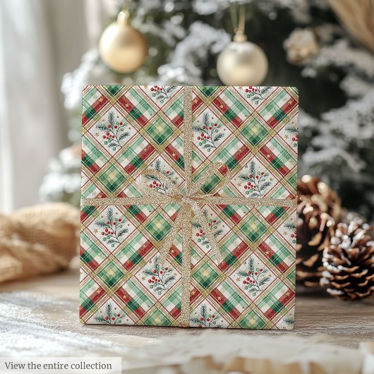 Papier Cadeau Holiday green & red watercolor checkered wrap roll