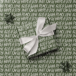 Papier Cadeau Holiday peace love joy type vert Noël