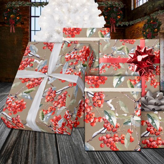 Papier Cadeau Holiday Red Winterberry Holly Rustic Kraft