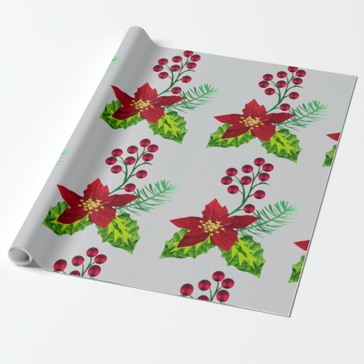 Papier Cadeau Holly and Pointsettia  pattern (Déroulé)