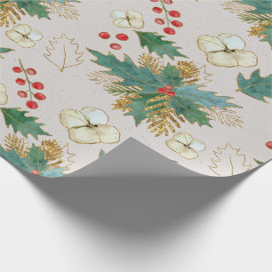 Papier Cadeau Holly, Berries et Rose de Noël