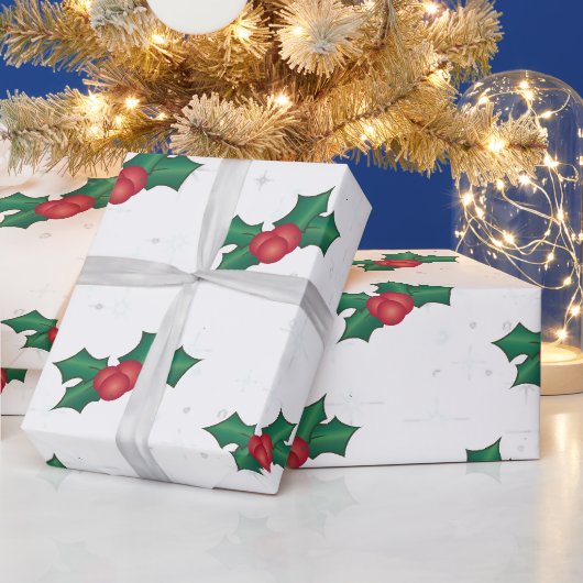 Papier Cadeau Holly Berries sur WHITE (Vacances)