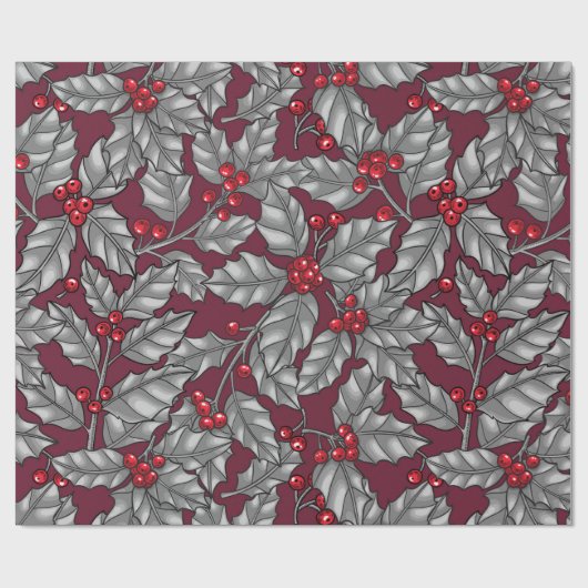 Papier Cadeau Holly berry, gray leaves on dark red (Plat)