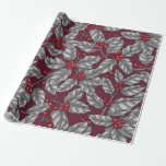 Papier Cadeau Holly berry, gray leaves on dark red<br><div class="desc">Holly berry leaves and fruit hand drawn Christmas pattern</div>