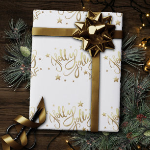 Papier Cadeau Holly Jolly AF Shiny Gold Faux Foil Script