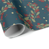 Papier Cadeau Holly Jolly Greens ; Feuilles Yuletide sur Blue (Coin rond)
