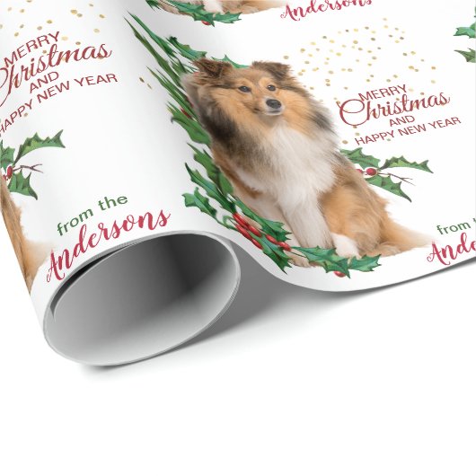 Papier Cadeau Holly Red Berry Shetland Sheepdog Noël (Coin rond)