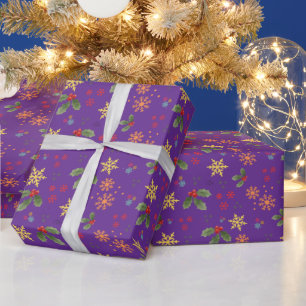 Papier Cadeau Holly & Snowflakes sur Royal Purple Christmas