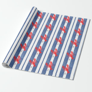 Papier Cadeau Homard rouge sur rayures de denim bleu et blanc