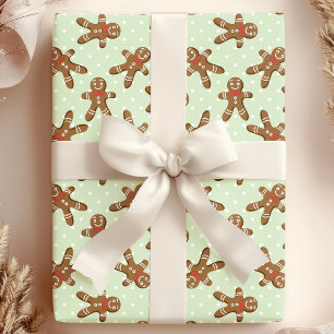 Papier Cadeau Homme en pain d'épices vert à pois de Noël