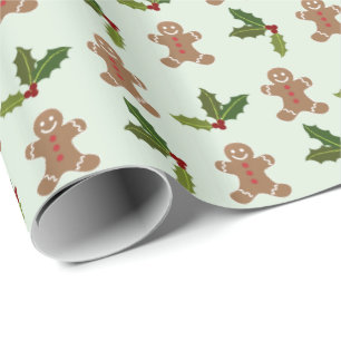 Papier Cadeau Hommes en pain d'épices et motif de Noël de houx